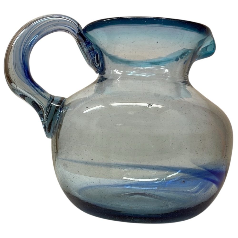 Hand Blown Blue Swirl Pitcher W/ Applied Handle Elegant Blue Glass Pitcher